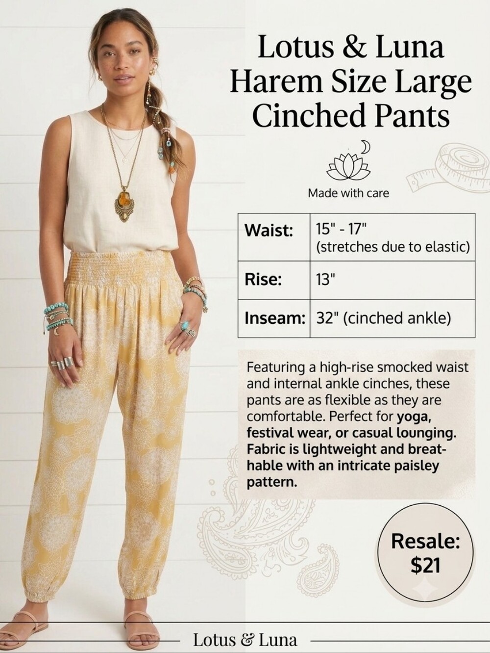 Lotus & Luna EUC Smocked Waist Yellow Floral Harem Pants Size Large